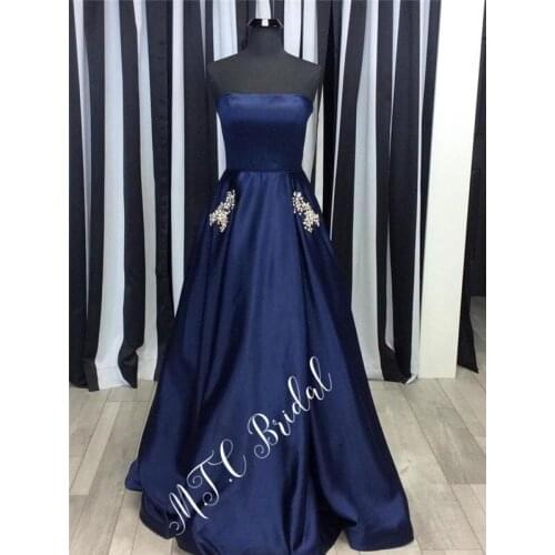 Wholesale Navy Blue Satin Long Evening Dresses Crystals Pockets Strapless A Line Floor Length Formal Occasion Party Dress Cheap
