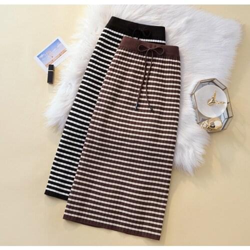Autumn and winter new high-waist knitted a-line skirt For womens Korean striped slit mid-length long bag hip woolen skirt women