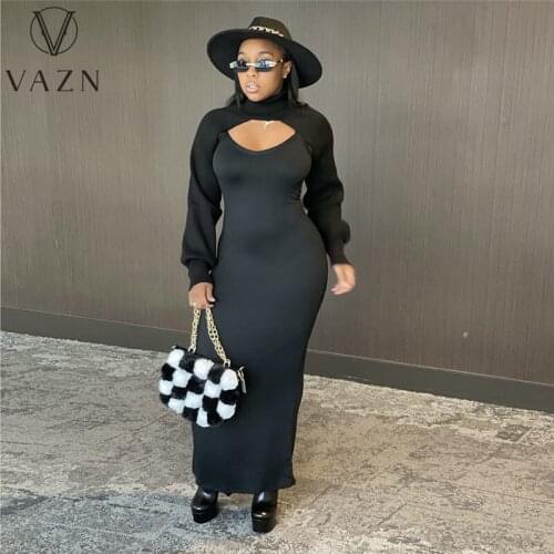 VAZN New 2021 Punk Style Beach Sexy Regular Sleeveless Strap Bandage Solid Maxi Dress Women Elegant Fashion Dress Slim Dress