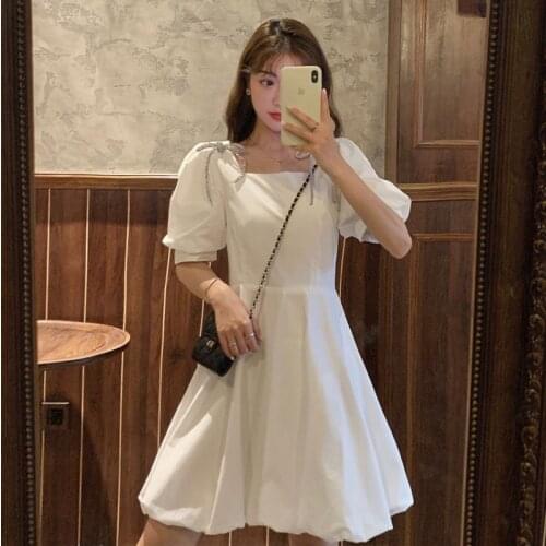 Korean Style Dress Sweet Bow Puff Sleeve A-LINE Mini Dress Summer Square Collar White Casual Dress Plus Size Clothing for Women