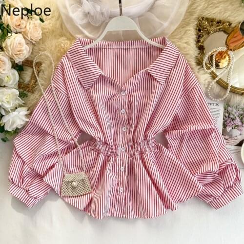 Neploe Womens Striped Shirt New Chic Korean Clothes Retro Shirt Puff Sleeve Elastic Waist Short Striped Shirt Tops 93371
