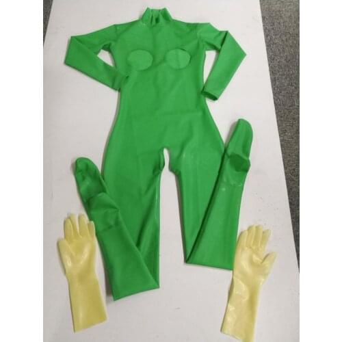 Handmade sexy women transparent green latex catsuit with bust hole and open crotch body suits with socks