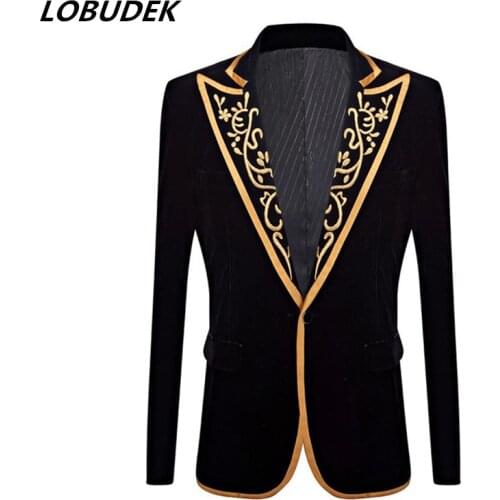 European Style Court Tuxedo Gold Embroidery Lace Black Velvet Blazer Wedding Groom Slim Suit Jacket Bar Stage Performance Clothe