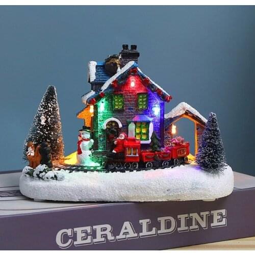 LED Lights Christmas Small Train Village House Luminous Landscape Snow Figurines Resin Desktop Ornament Decor Holiday Xmas Gifts