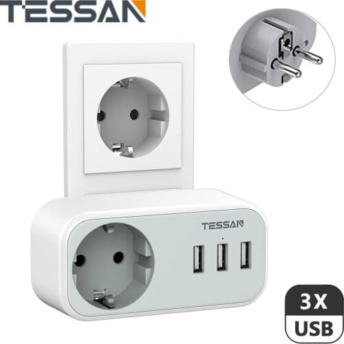 TESSAN 4 in 1 Compact USB Socket Adapter with 1 Outlet and 3 USB Ports with Overload Protection for Smartphone, Tablet, Camera