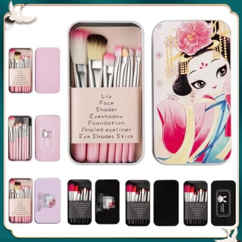 High quality makeup brush set with bag Cartoon 7-Piece Tin Makeup Tools Gifts Brush holder organizer makeup brushes cleaner face