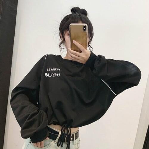 Fashion Women Sexy Long Sleeve Letter Embroidery O-Neck T Shirt Crop Tops Autumn Sweatshirt