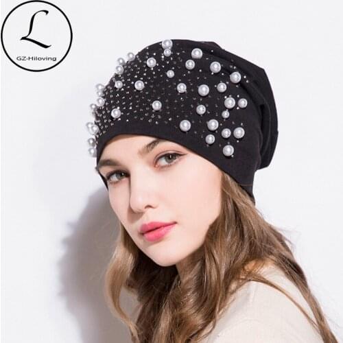 GZHILOVINGL New Womens Beanie Hat Polyester Cotton Summer Thin Shiny Rhinestone Pearl Beanie Hats Slouchy Beanies Skullies Hat