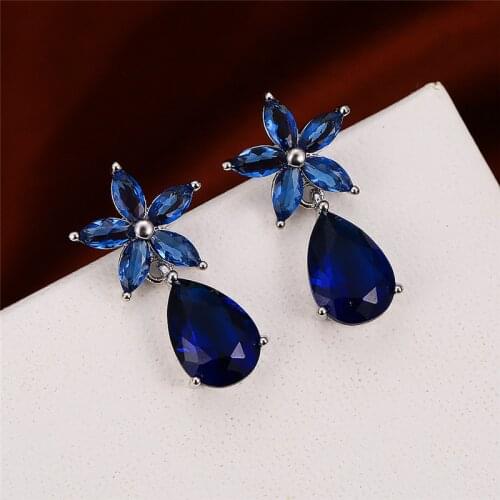 Luxury Female Yellow Crystal Stone Earrings Charm Silver Color Dangle Earrings For Women Cute Rainbow Flower Wedding Earrings