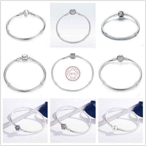 925 Sterling Silver Moments Pave Heart Clasp With Crystal Snake Chain Pan Bracelet Bangle Fit Bead Charm Jewelry