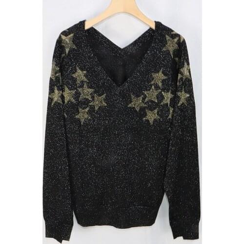 Women Sweater 2021 Early Autumn New Gold Star Print Fashion Double V Neck Turtleneck Long Sleeves Slim Womens Knitting