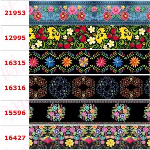 16mm-75mm Mexico Flower Series Printed Grosgrain/Elastic Ribbon Cartoon Jeans Denim Like DIY Hair Bowknots 50yards/roll