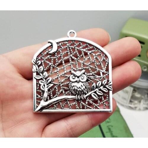 2pcs/lot--56x53mm,owl chams, Antique Silver plated moon owl charms ,DIY supplies, Jewelry accessories