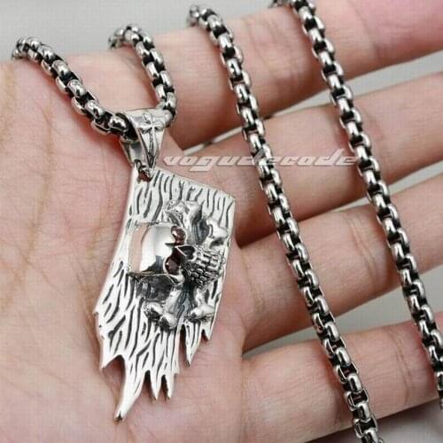 925 Sterling Silver Skull Cross Bone Flag Mens Biker Rocker Punk Pendant 8N007