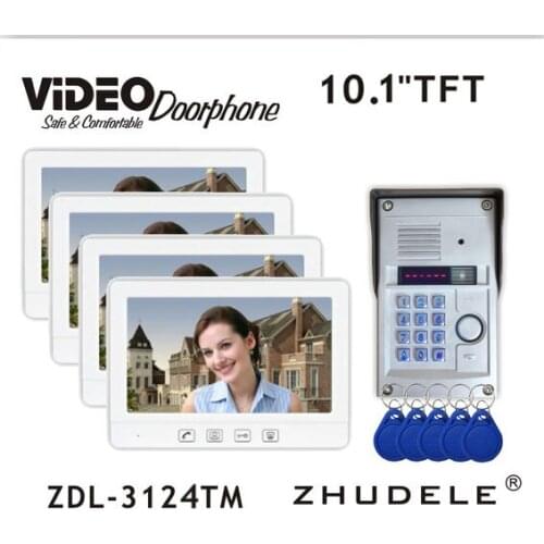 ZHUDELE New Arriva Intercom Doorbell System Luxury 10.1" Color Video Door Phone Kits 4Monitor+RFID Access Waterproof CCD Camera
