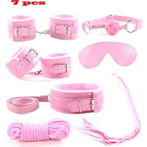 Hot 7Pcs/set Sex Toys For Woman PU Leather SM Sex Bondage Set Whip Rope Blindfold Erotic Sex Toy For Couple Hand Cuffs Foot cuff