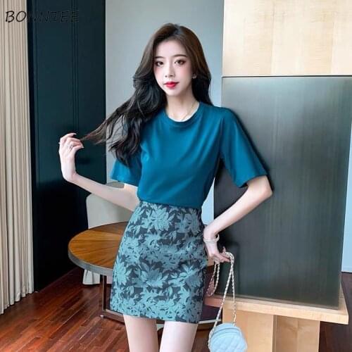 Skirts Print Sets Fashion Vintage Elegant Mini Slim T-shirts Tops Simple Empire Leisure Korean Style Feminine Office Summer Ins