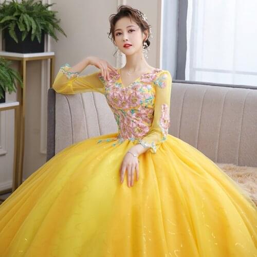 Sweet Quinceanera Dresses Long Sleeve Party Dress Elegant V-neck Zipper Back Ball Gown Luxury Lace Prom Dress Plus Vestidos