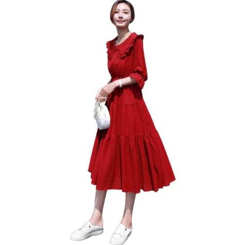 Fashion Summer Dresses Ladies 2021 New Korean Style Temperament Waist Slimming Chiffon Dress Red Super Fairy Short Sleeve Dress