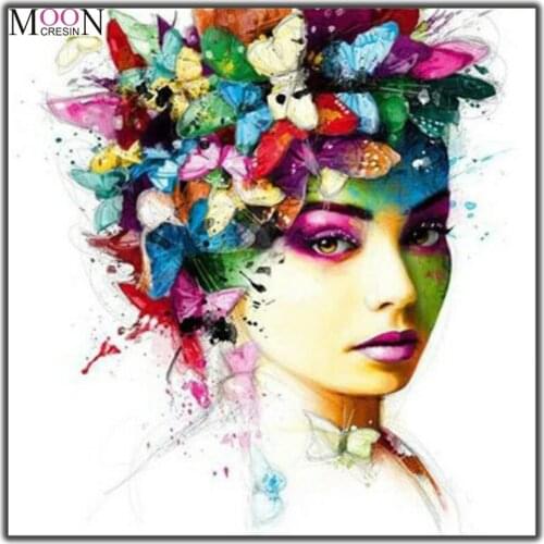 MOONCRESIN Diy Diamond Painting Cross Stitch Woman With Butterfly Flowers Diamond Mosaic Round 5D Diamond Embroidery Decoration