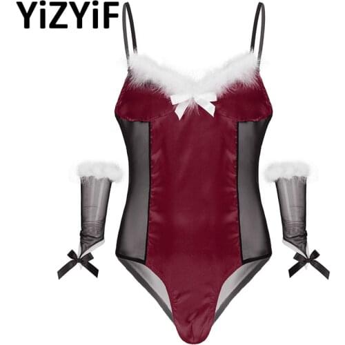 Men Sissy Mesh Satin Patchwork Bodysuit Christmas Cosplay Costumes Feather Trimming Jumpsuits Leotard with Oversleeve Nightwear