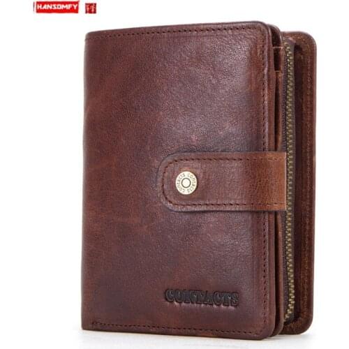 New Crazy Horse Leather Men Wallet Cowhide Short Card Holder Wallets Multifunctional Men Small Coin Purses Leather Buckle Wallet