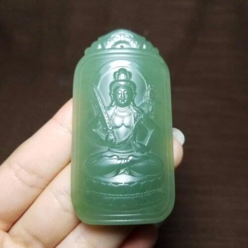Russian material Hetian jade powder green jasper virtual empty Tibetan Bodhisattva brand, oily and greasy, carved Guanyin Da Shi