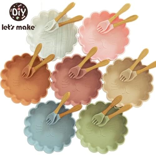 Lets make Baby Feeding Dinner Plate Silcone Plates & Fork Spoon Cartoon Lion Tableware Food Grade Silicone Childrens Dishes