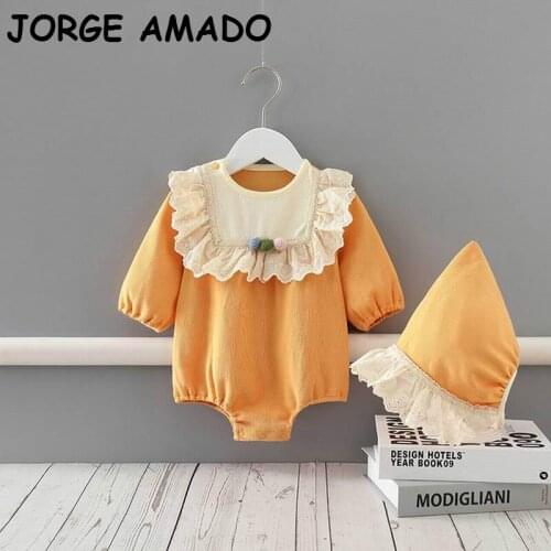 2020 Autumn Baby Girl Bodysuit Orange Long Sleeve Cotton Romper Overalls with Cap Newborn Clothes 0-2Y E6325