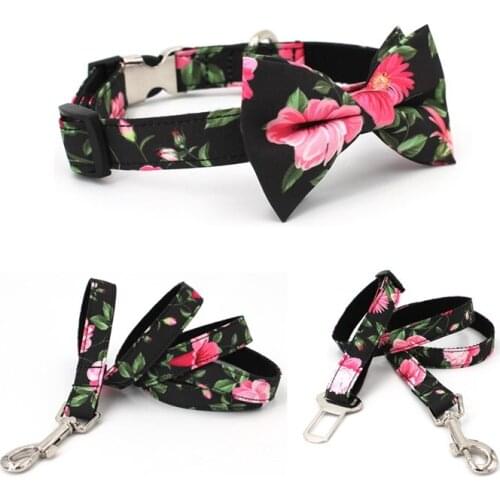Black floral bowtie dog collar bow with leash,Soft Padded puppy&cat pet accessories for puppy,medium,large dogs