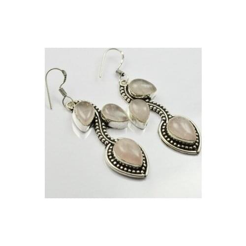 Rose Quarts , Silver Overlay on Copper Earrings ,60mm , E2237