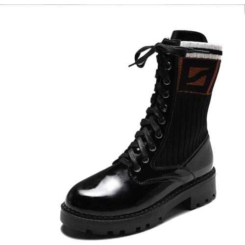 High Quality Women Martin Boots British Wind Pu Knitted Ladies Flat Ankle Boots Round Toe Fashionable Lace Up Women Winter Boots