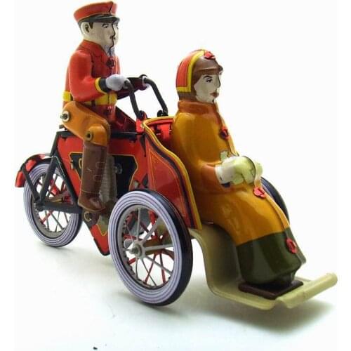 [Funny] Adult Collection Retro Wind up toy Metal Tin rickshaw tricycle driver car Clockwork toy figure model vintage toy gift