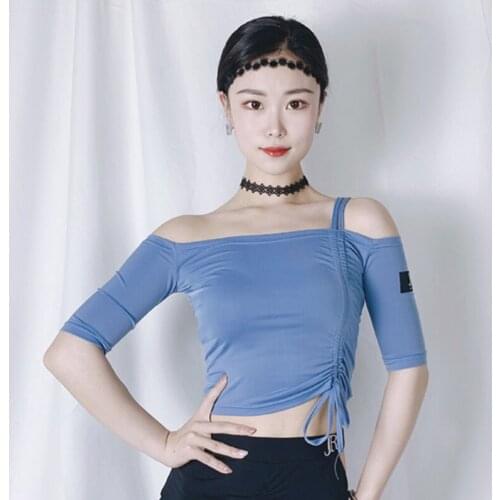 Latin Dance Tops Women Off-Shoulder Short Sleeve Dance Clothes Adult Samba Rumba Practice Performance Wear Black Tops DNV14495