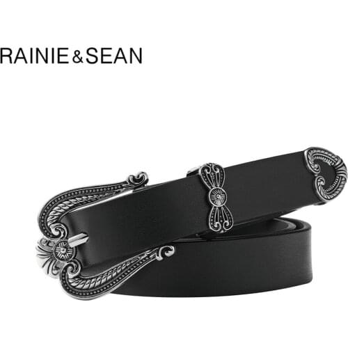 RAINIE SEAN Punk Women Belt Black Chain Decoration Belts for Women Pin Buckle Pu Leather Ladies Waist Belt 108cm