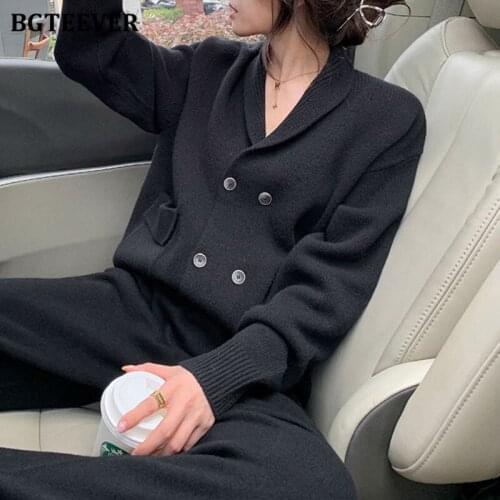 BGTEEVER Autumn Ladies 2 Pieces Knitted Set Elegant Lapel Double Breasted Cardigans Jacket & Elastic Waist Sweater Pants 2021