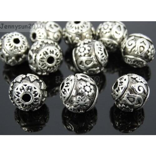 15mm Round Vintage Patterned Tibetan Silver Spacer Connector Charm Beads 3 Hole Tibet Guru(Hollow) 50Pcs/Pack