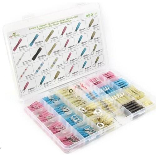 240pcs Assorted Ring Heat Shrink Terminals Butt Splice Soldering Connecters Fullly Insulated Waterproof Crimp Terminals With Box