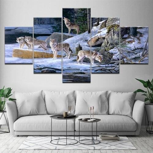 5 Pcs/Set Large Animals Black Gray Snow Wolf Canvas Print Painting Modern Wolves Wall Art Picture Living Room Decor