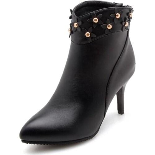 Big Size 11 12 13 14 15 16 Short-barreled Knight boots with pointed thin heels and high heels, zipper rivets and flowers