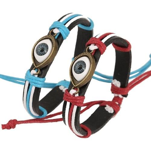 Evil Eye Charms Bracelet Zinc Alloy+Hemp Rope Adjustable Genuine Leather Bracelets Femme Homme Blue/Red Casual Fashion Bangles