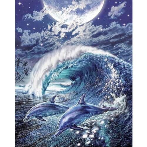 Dolphins diamond painting sea wave rhinestone embroidery art scenery mosaic sticker decor diamond dots poster wall paper craft