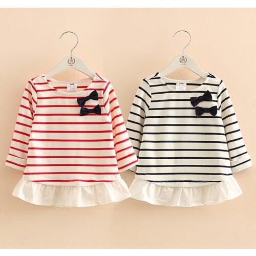Children Bowknot Tops 2020 New Arrival Spring Autumn 2-10 Year Kids Clothes Strip Patchwork Long Sleeve O-Neck T Shirt Baby Girl