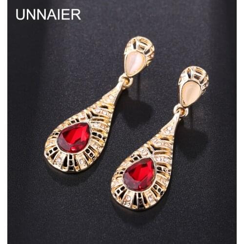 UNNAIER Retro palace personality Red Semi-precious stones Long earring Female Rhinestone Ear jewelry