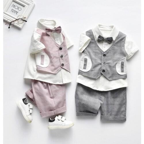 3 sets [ shirts + pants ] Fashion little gentleman summer plaid shirt baby boy party Cotton children kids clothes 6-36 Months