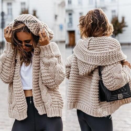 Women Long Cardigan Solid Hooded Cardigans Sweater Autumn Spring Female Keep Warm Lantern Sleeve Loose Wool Knitted Coat
