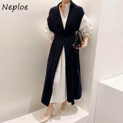 Neploe Korean Suit Chic Loose Puff Sleeve Shirt Dress + V-neck Drawstring Slim Waist Knitted Vest Simple 2 Piece Set Women