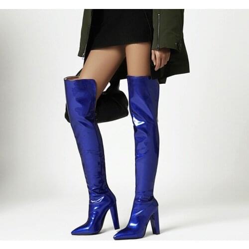 Patent Leather Pointed Toe Long Boots Women Winter Fall Multi Color Sexy Party Wedding Prom High Heels Over The Knee Warm Shoes