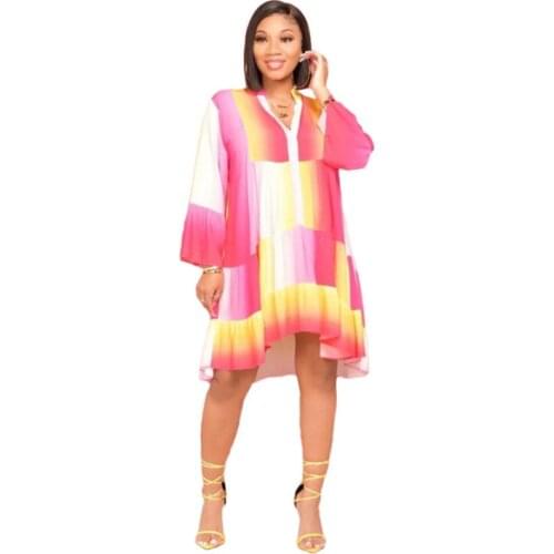Fashion Cascading Ruffle Dress Buttons Up V Collar Flare Sleeve Patchwork Club Dress Women Vestidos Loose Mini Dresses