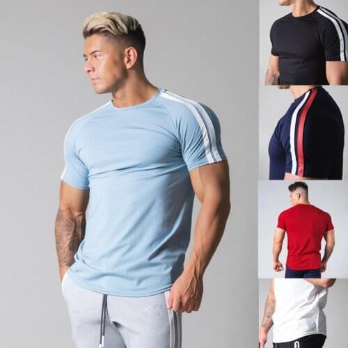Men Running Sport T-shirt Skinny Cotton Slim Shirts Gym Fitness Training Elastic Mens Tee Tops Male Jogging Workout T Shirt -40